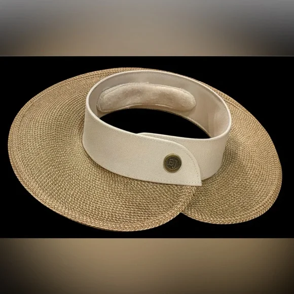 Eric Javits  Squishee HALO Tan and Cream Wide Brim Visor $325 - Picture 2 of 9